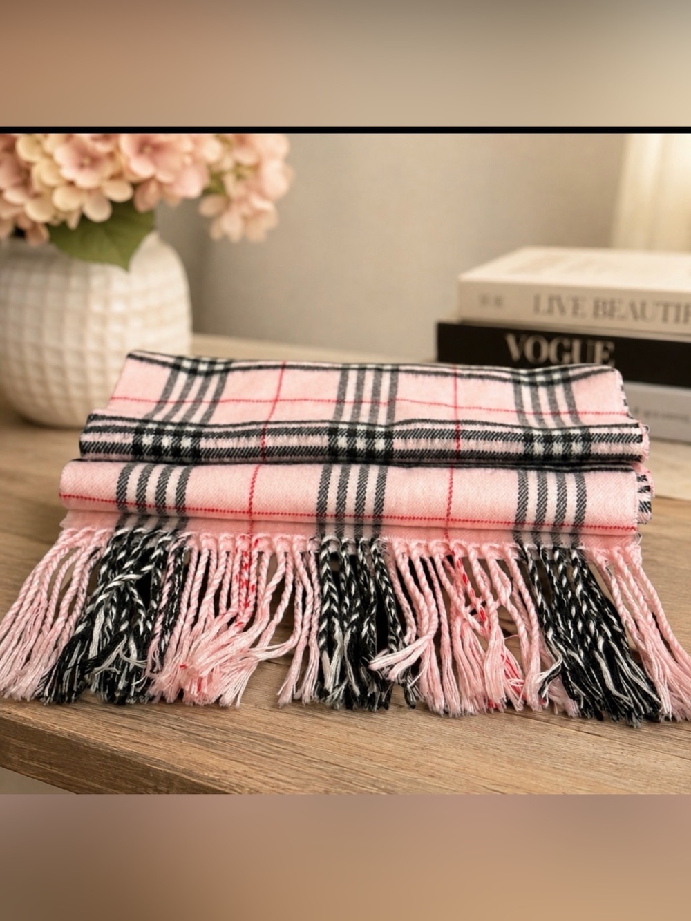 Pink and Black Plaid cashmere scarf made in Scotland
